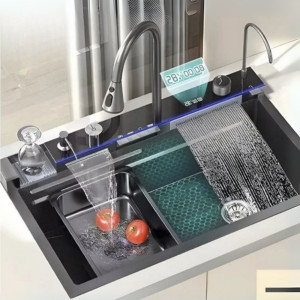 Висок клас интегриран умивалник  C-052- стомана, месинг и инокс с подвижен чучур, дигитален термостат с дисплей и всички екстри